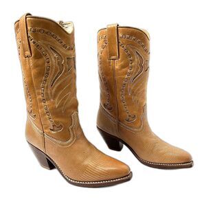 Samello Womens Vintage Stacked Heal Light Brown Leather Western Cowgirl Boots 6M